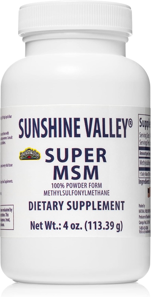 Sunshine Valley® Super MSM 보충교재 - 합동 지원을 위한 Methylsulfonylmethane MSM 수정같은 분말, 못, 머리 & 피부 건강 - 100% 순수한 분말, 불발한, 규정식 보충교재 - 4개 oz