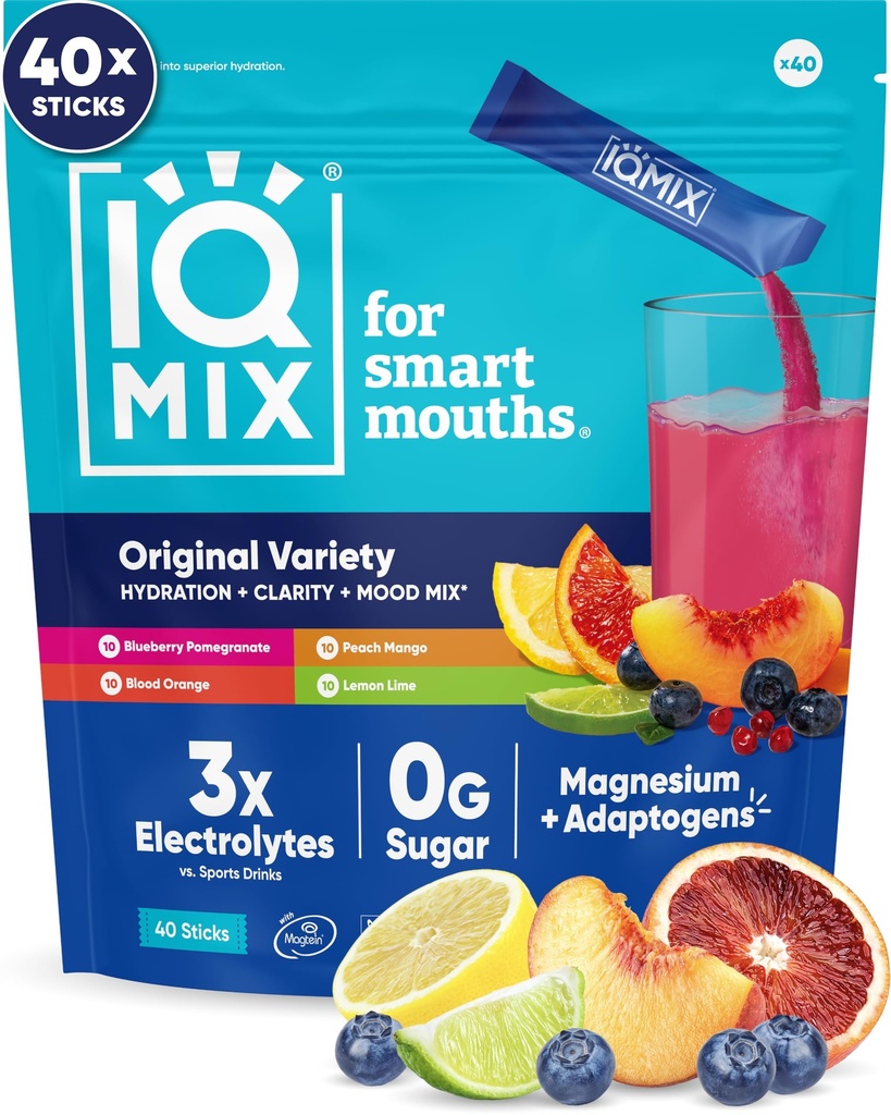 IQMIX Hydration Electrolyte Powder – 4in-1 Formula for Hydration, Mental Clarity, Mood 및 Recovery – Sugar-Free 음료 혼합, Keto, Magnesium L-Threonate, Lion’s Mane – 40 Count Variety Pack
