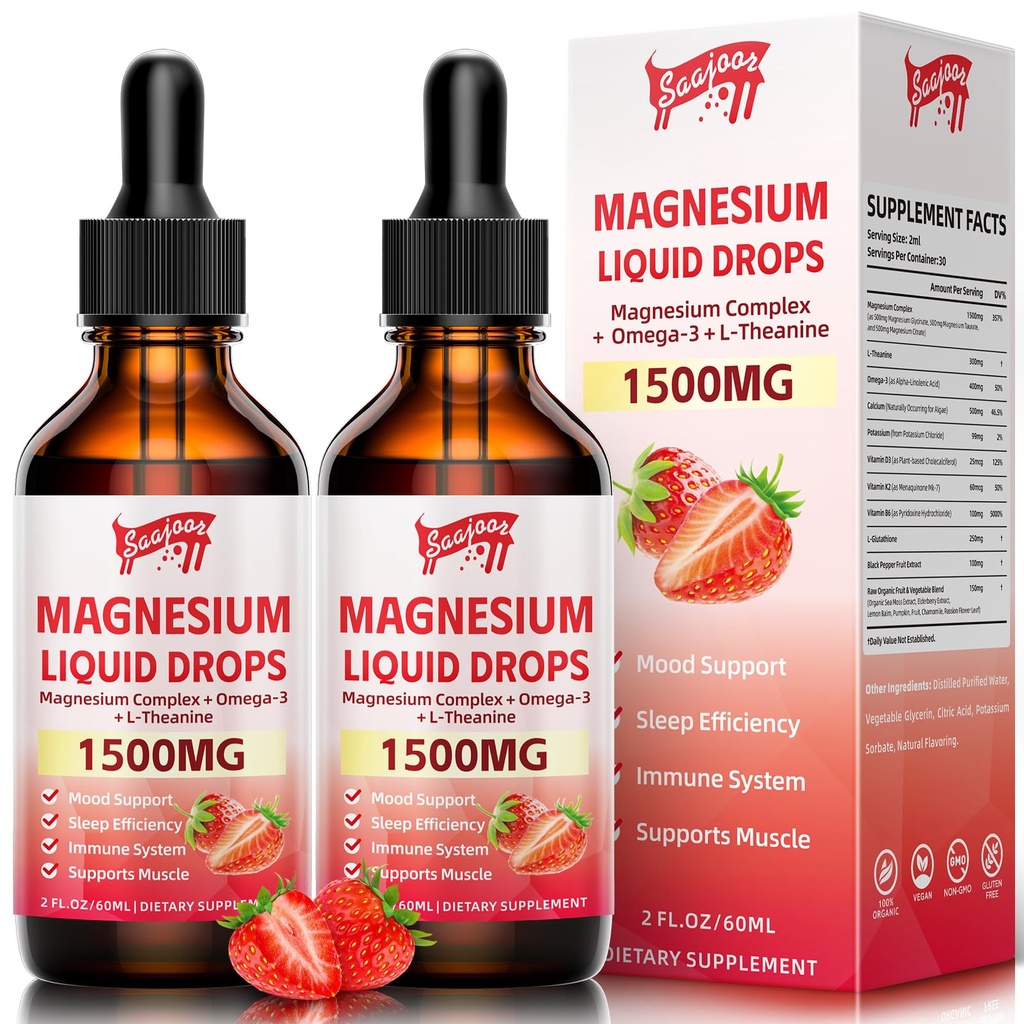 2 팩 마그네슘 글리세린 액체 하락, 비타민 B6, D3, L - Theanine, Omega3, 지원 밤, 근육, 뼈, 계류, 딸기 풍미를 가진 1500mg 마그네슘 액체 보충교재 - 4 Fl Oz (120ml) 병