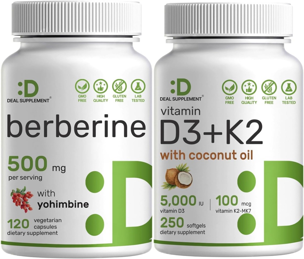 DEAL SUPPLEMENT 비타민 D3 5000iu + K2 100mcg Softgels & Yohimbine 번들을 가진 Berberine 보충교재 – 정유 선샤인 비타민 – 높은 흡수 염산염 HCl 모양