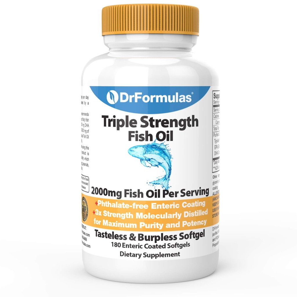 DrFormulas 2000mg 트리플 강도 오메가 3 생선 기름 EPA와 DHA, 180 Burpless Softgels