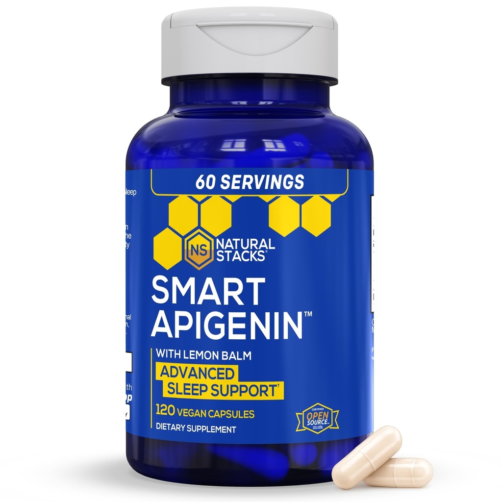 수면을위한 NATURAL STACKS Apigenin 보충 - 50mg Apigenin & 600mg 레몬 발름 - 멜라토닌 무료 수면 보조 - 스트레스 지원을위한 열정 꽃 추출물 * - 120 레몬 발름 캡슐