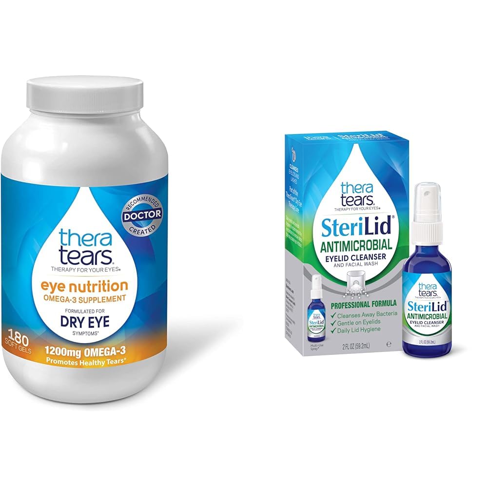 TheraTears 1200mg Omega 3는 눈 영양, 유기 Flaxseed Triglyceride 물고기 기름 및 비타민 E, 180 조사 & SteriLid Eyelid Cleanser 및 얼굴 세척을 위한, 자극하는 눈, 2개의 fl oz 살포를 위한 보충합니다