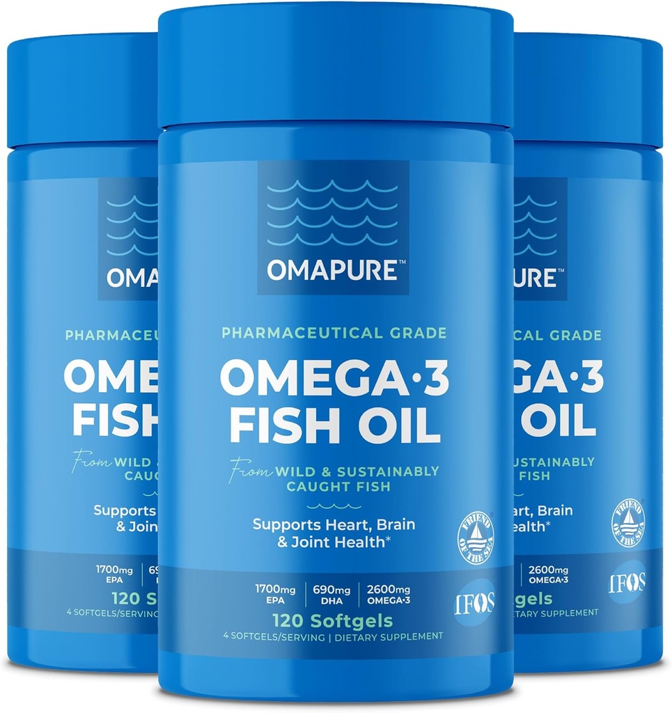 OMAPURE 물고기 기름은 Omega 3 지방산 (3개의 병, 120 Softgels)를 가진 보충합니다 - 높은 EPA, DHA, & IFOS 물고기 기름 알약 지원 심장 & 합동 건강 - Burpless 물고기 기름은 뇌 기능을 승진시킵니다