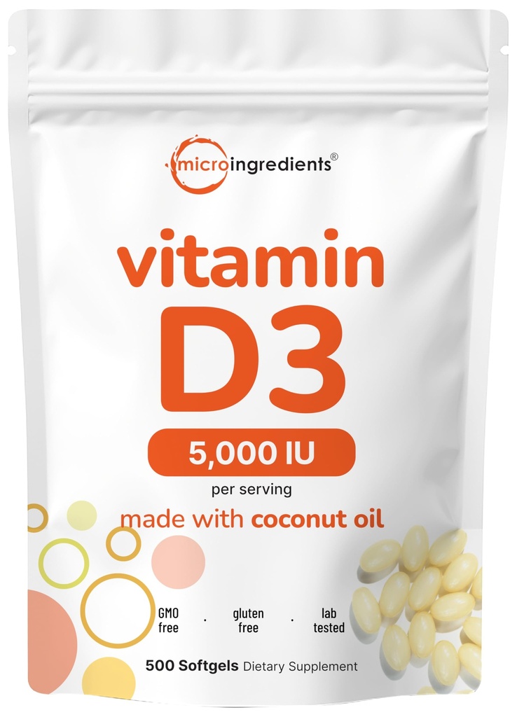 마이크로 성분 비타민 D3 5,000 IU, 500 Softgels | 버진 코코넛 오일 | Cholecalciferol Form | 뼈, 면역 및 심장 지원 | 삼키기가 쉽고, 비 GMO