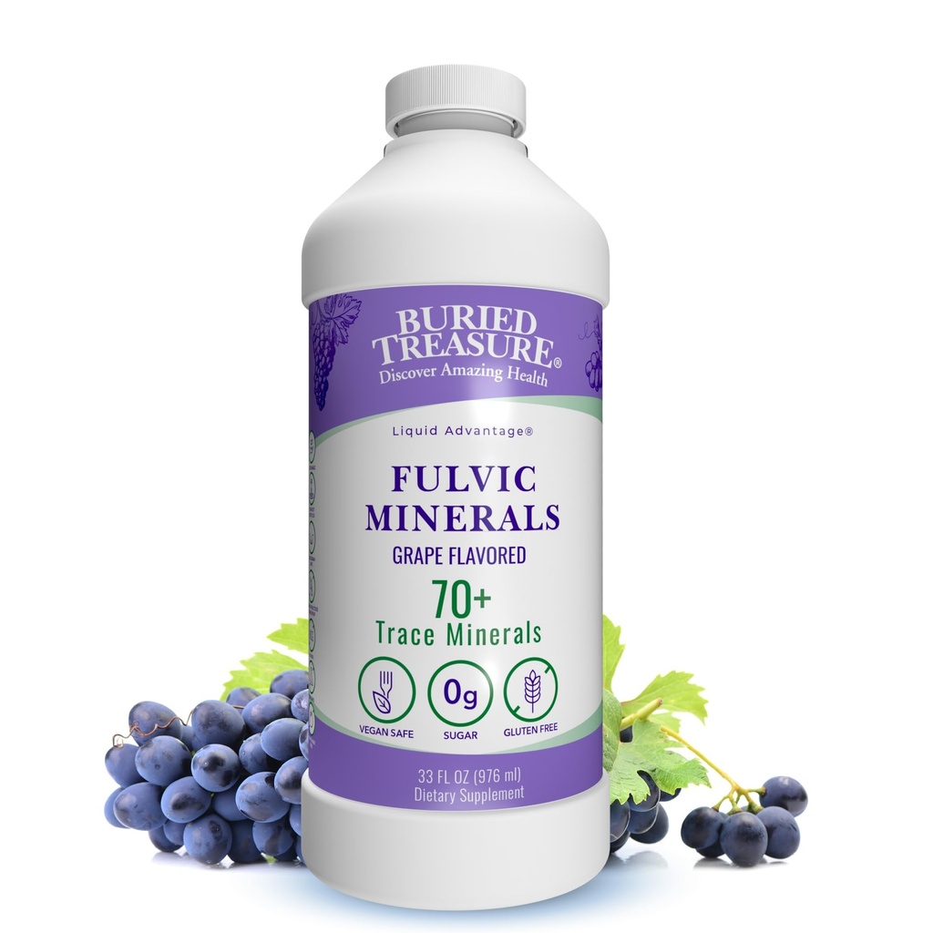 Buried Treasure Fulvic Minerals Grape flavored – Humic Fulvic Acid의 콜로이드 광물, 복구 및 웰빙 지원을위한 Trace Minerals의 전해질. 물에 추가 – 32 서빙