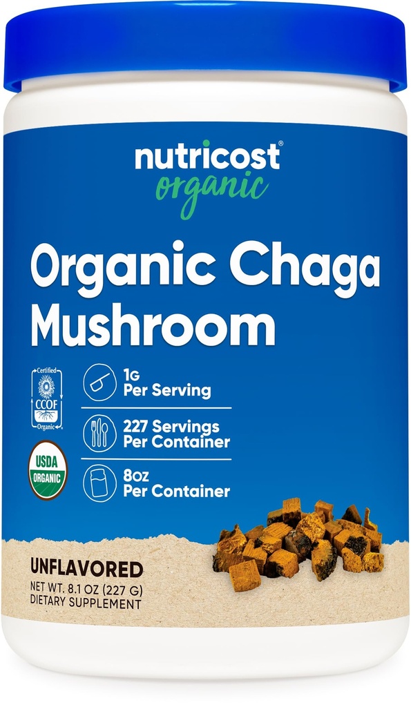 Nutricost 100 % 유기 Chaga 버섯 분말 8oz (227 서빙) - 공인 USDA 유기, 글루텐 무료 및 비 GMO