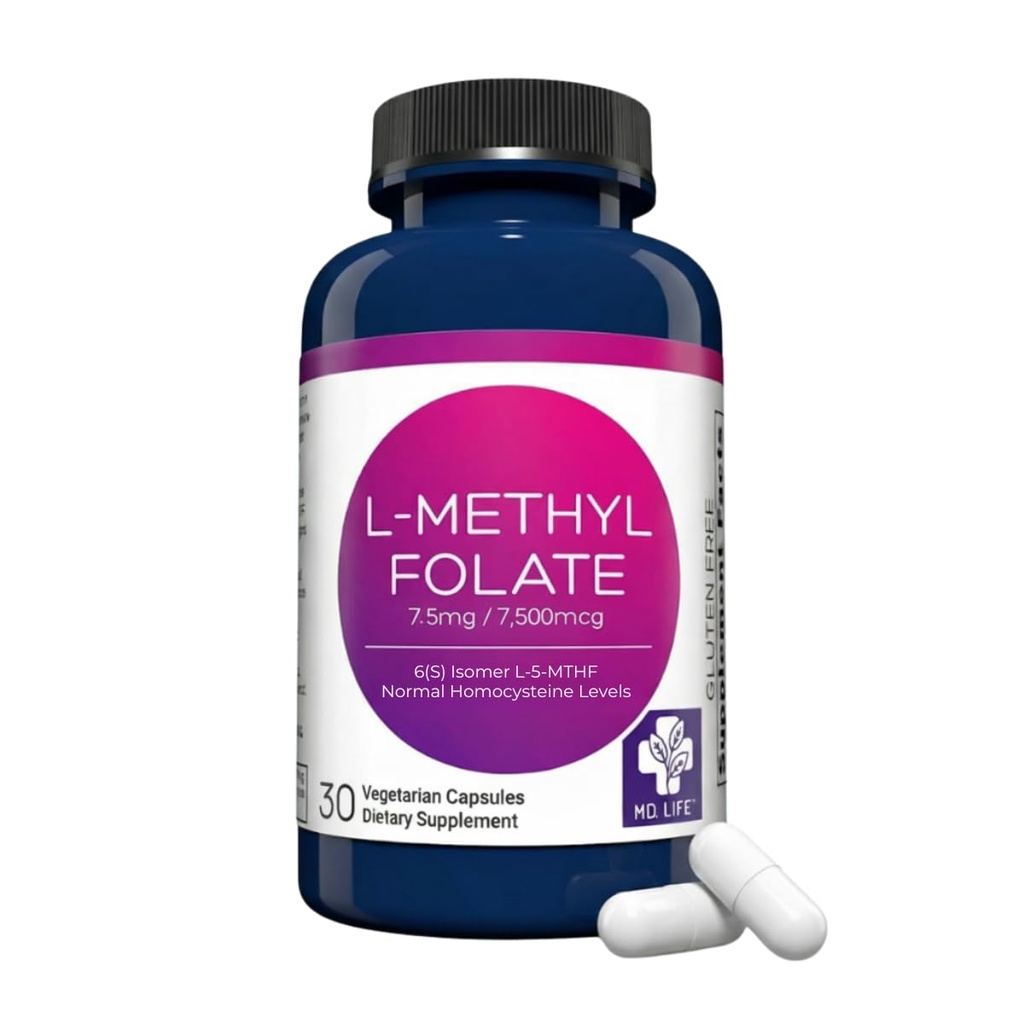 MD 생활 L-Methylfolate 7.5 mg 보충교재 - 직업적인 급료 활동적인 L Methylfolate 보충교재 - 30의 캡슐 - L-Methylfolate 7.5mg - 최대 힘 MTHFR W/ Essential 아미노산