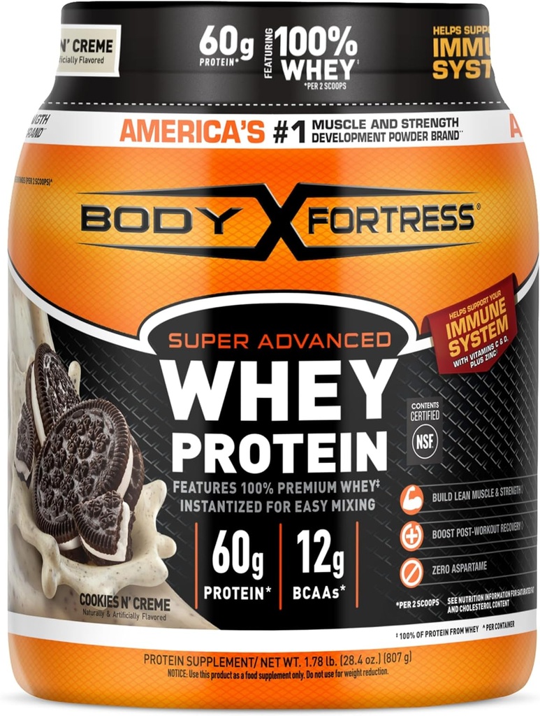 몸 요새 슈퍼 고급 호른 단백질 분말, 쿠키 N 'Creme, 60g Protein & 12g BCAA per 2 Scoops, 근육 이익 & 회복, 비타민 C & D, 1.78lbs와 면역 지원 (패키지 May Vary)