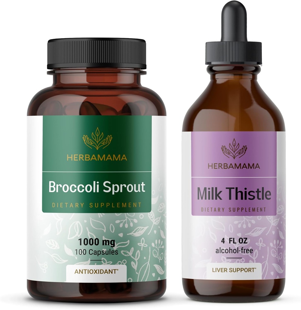 HERBAMAMA Broccoli Sprout 및 우유 이틀 키트 - 1000 mg 브로콜리 시프트 캡슐 및 우유 이틀 추출물 4 fl oz - Vegan, Non-GMO, Sugar & Alcohol-Free - 2 Pack의 번들