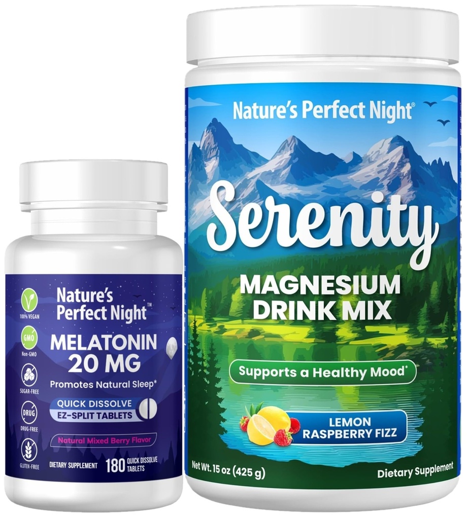 Nature's Perfect Night Melatonin 20mg 빠른 혼합 Berry 180 Count with Serenity Magnesium Powder 15 oz Lemon Raspberry