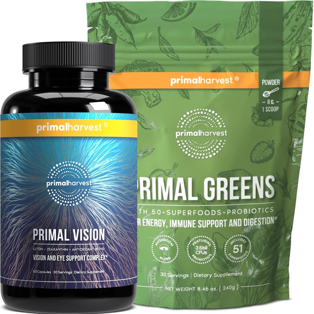 Primal Harvest Greens Powder & Vision는 Lutein, Zeaxanthin Bundle과 여성 및 남성 비전 및 눈 지원 복합체를위한 보충제입니다.