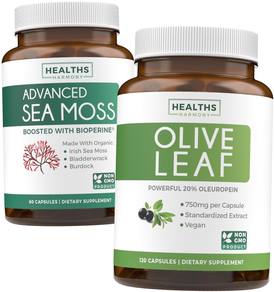 Sea Moss & Olive Leaf Extract (1 개월 공급) 올리브 Moss Blend - Organic Irish Sea Moss - Raw Vegan Supplement (60 모자) & Olive Leaf Extract 최고 강도 : 20 % Oleuropein - 채식 (120 모자)