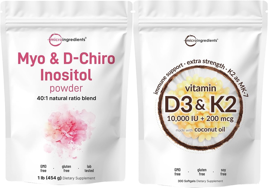 마이크로 성분 비타민 D3 10,000iu + K2 200mcg 코코넛 오일 Softgels & Myo & D-Chiro Inositol 분말 번들 2 팩 | 필수 선샤인 비타민 | 여성용 Inositol 보충교재