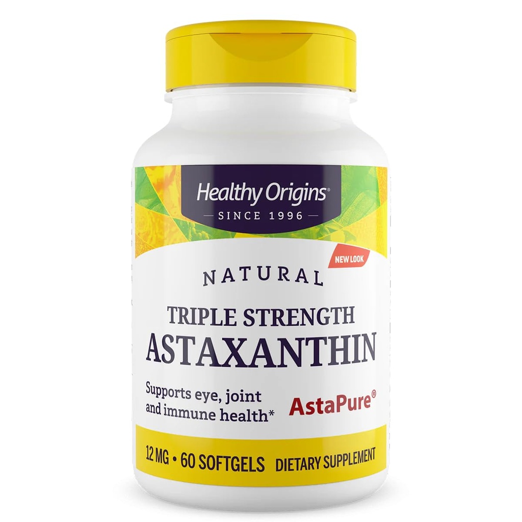 건강한 근원 Astaxanthin 12 mg (Natural, Astapure, 3배 힘, 비 GMO, 글루텐 자유로운, 눈 지원, 합동 지원, 면역성이 있는 지원), 60 Softgels