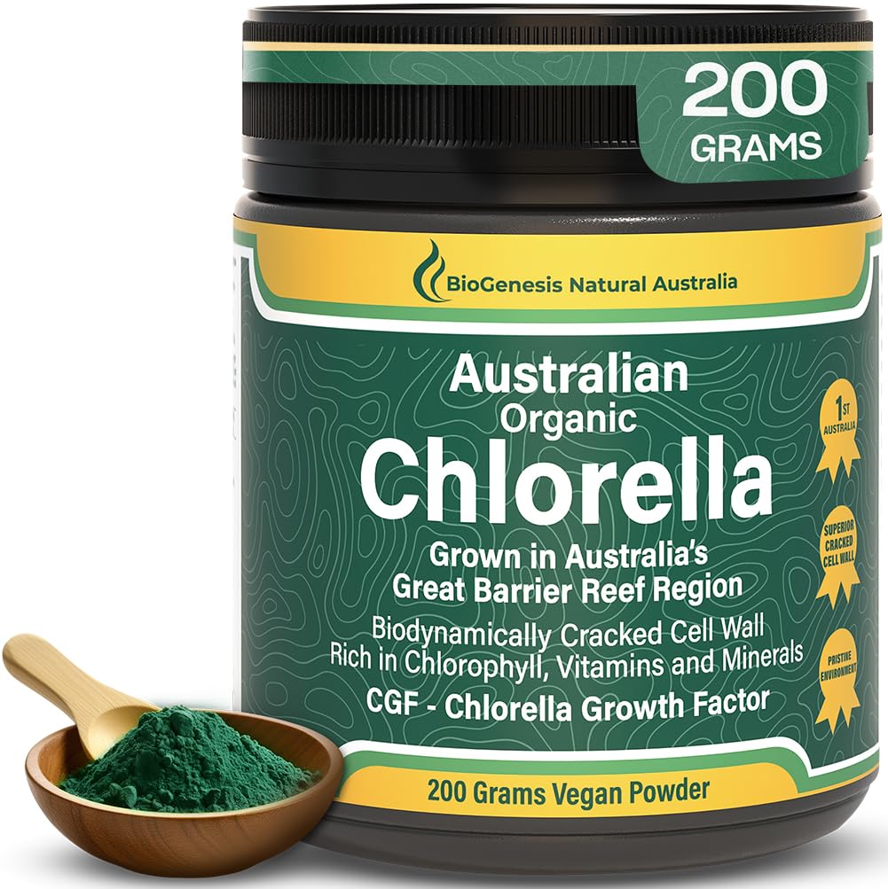 Biogenesis Organic Chlorella Powder – 200g | Australian Grown | BioDynamic Cracked Cell Wall | Chlorophyll, Vitamin & Minerals의 풍부한 | 에너지 및 면역성이 지원 | Vegan Powder