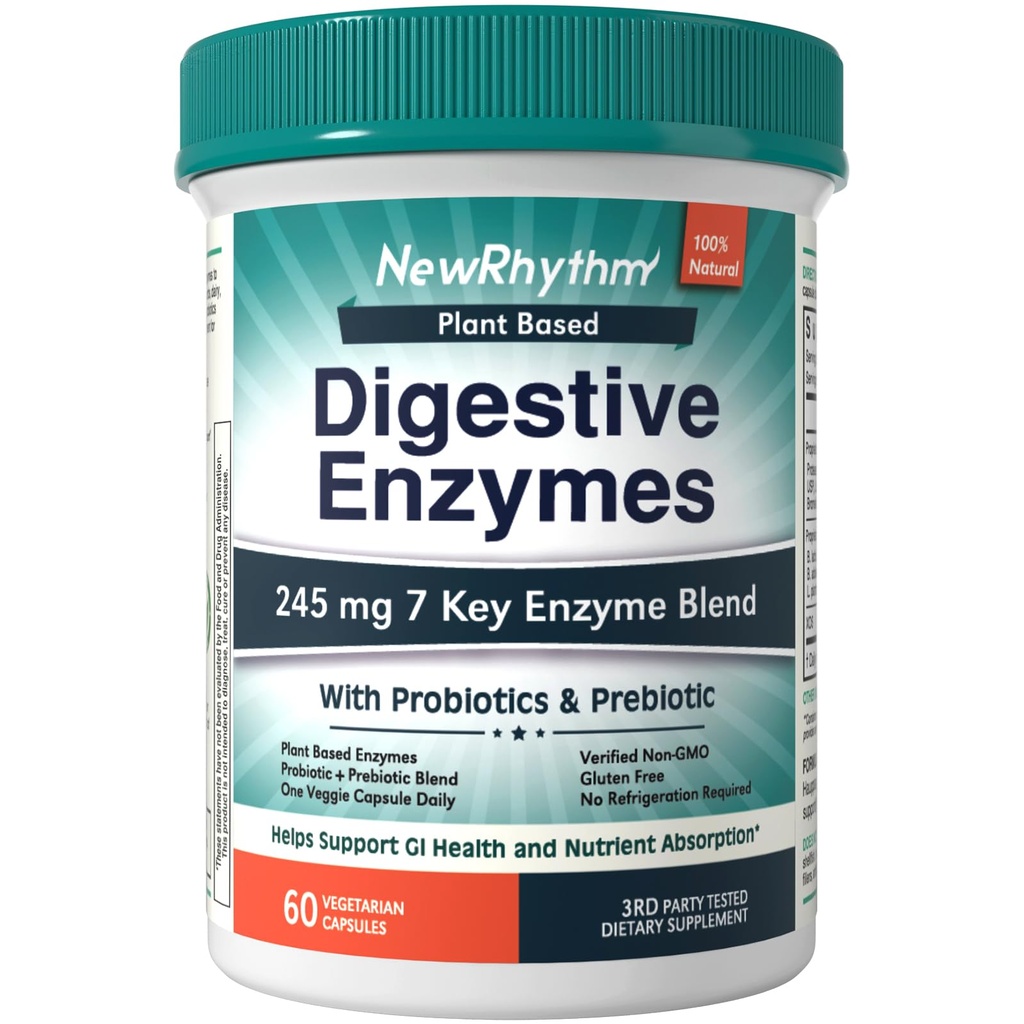 NewRhythm 소화 효소 245 mg, Probiotics 및 Prebiotics와 함께, 식물 기반, 7 키 효소, 소화, 영양 흡수, Protease Amylase & Lipase, 60 Vegan 캡슐