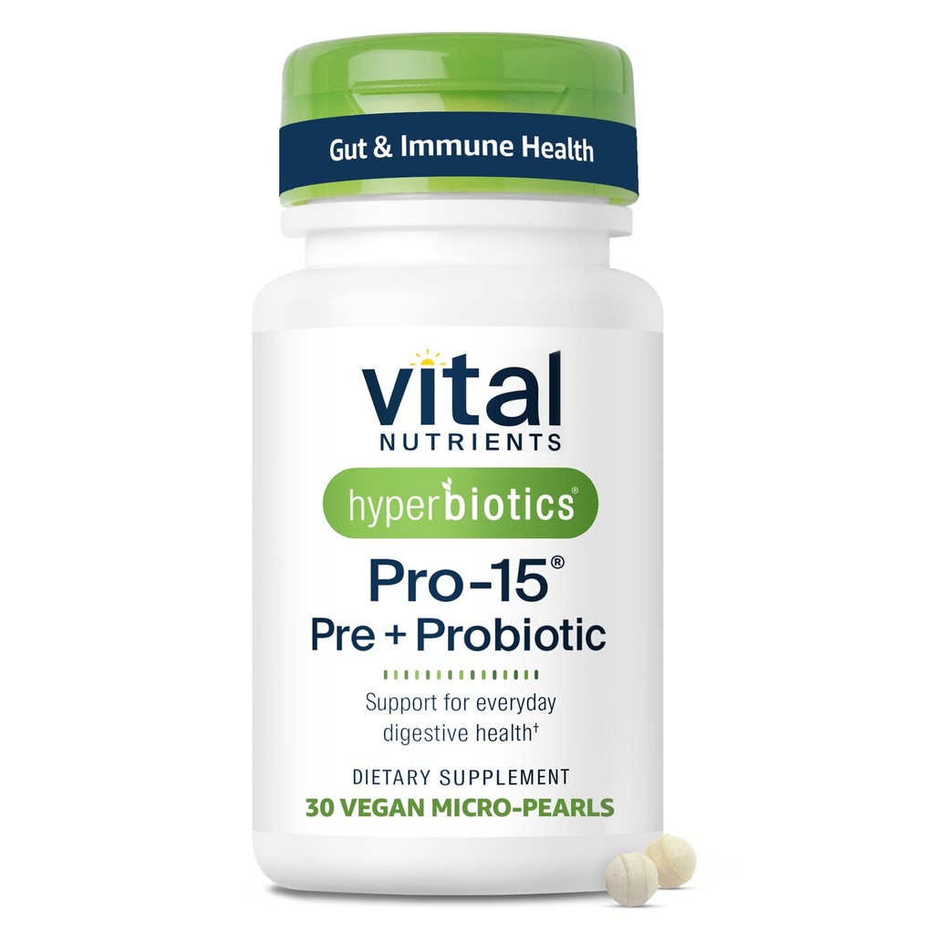 Hyperbiotics Vital Nutrients Pro-15 Prebiotics and Probiotics for Women and Men | 15 Science Backed Strains | 오카시 변비 지원, Diarrhea, Gas & Bloating | 30 Vegan Time Release Pearls