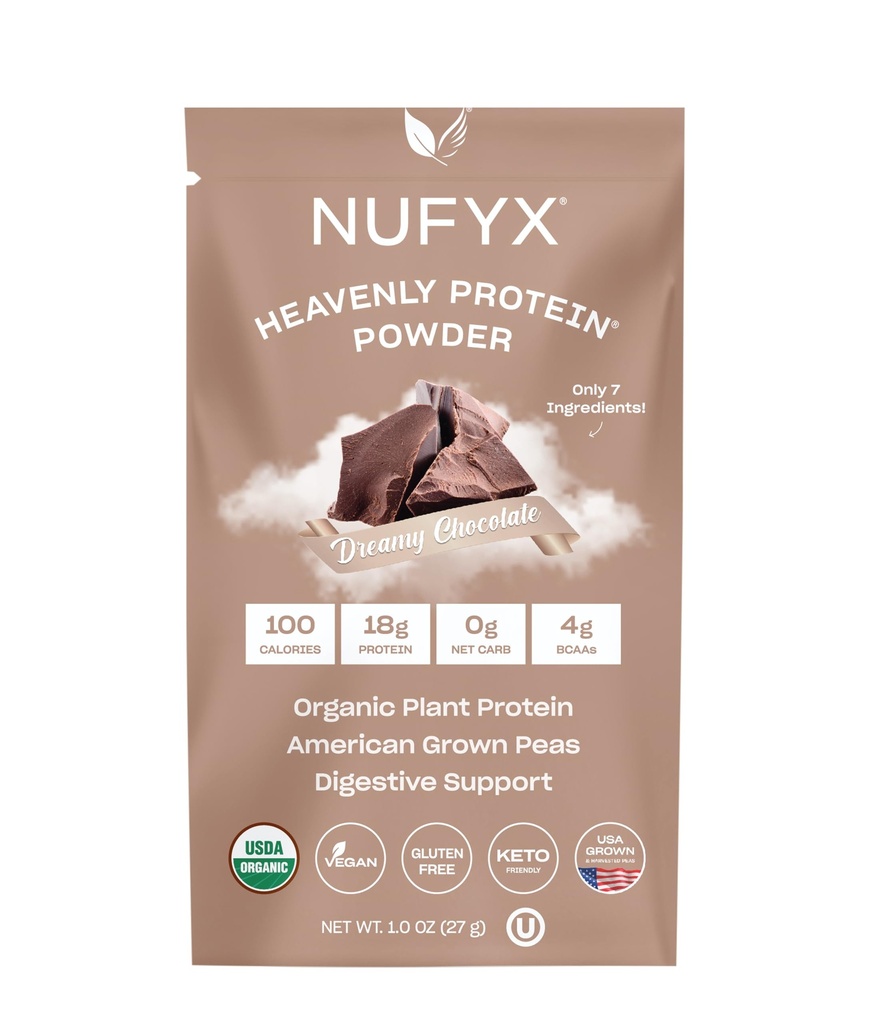 NUFYX® • Heavenly Protein® Powder • 세계 최고의 100 % 유기농 미국 Grown Peas • Vegan • 글루텐 무료 • 낮은 캐비 (Dreamy Chocolate, Packet)