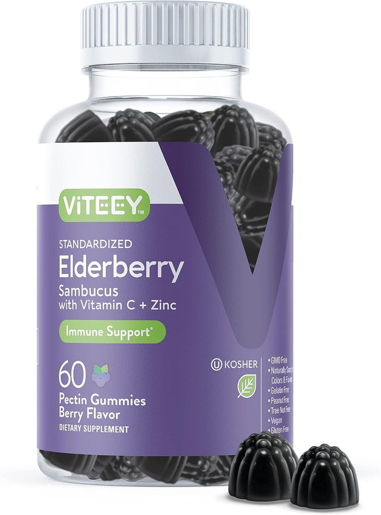 성인을위한 Viteey Sambucus Elderberry Gummies - Elderberry 비타민 C 및 아연 면역 Gummies - Vegan, 글루텐 프리 - 60 개