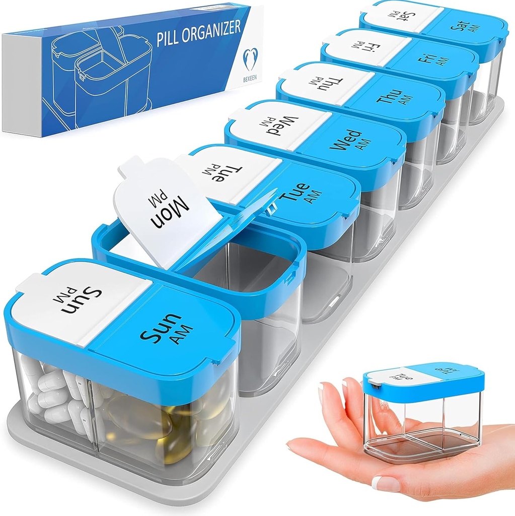 Extra Large Weekly Pill 주최자 - XL Daily Pill Box - 7 Day Am Pm Pill Case Jumbo Pill Container for Supplements Big Pill Holder Twice A Day Oversize (블루 / 화이트)