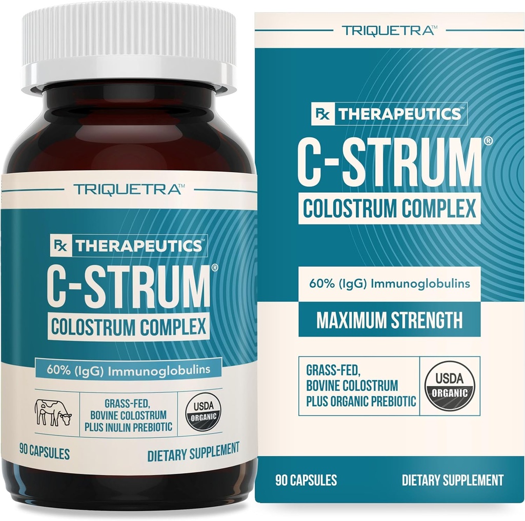 C-Strum® Organic Bovine Colostrum Supplement, 60% igG, First Milking, Grass Fed, German Dairy Cows의 Max Strength Colostrum 캡슐 - Gut, Immunity, Skin & Hair Support (90 개)