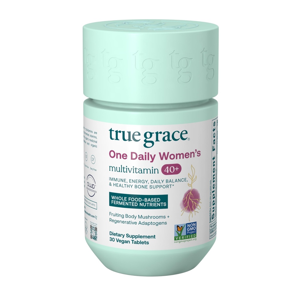 True Grace One Daily Women 's Multivitamin 40 + Fermented Minerals, Organic Adaptogens & Mushrooms Energy, Immune, Bone Support - Non-GMO - Iron, 글루텐 & Soy Free - 30 Vegan Tablets