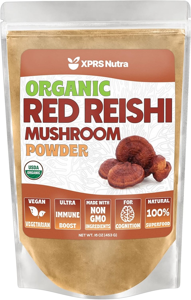XPRS Nutra 유기 레드 Reishi 버섯 분말 - Cognition을위한 프리미엄 Reishi 분말 - Longevity 및 Energy (16 Ounce)를위한 Vegan Reishi 버섯