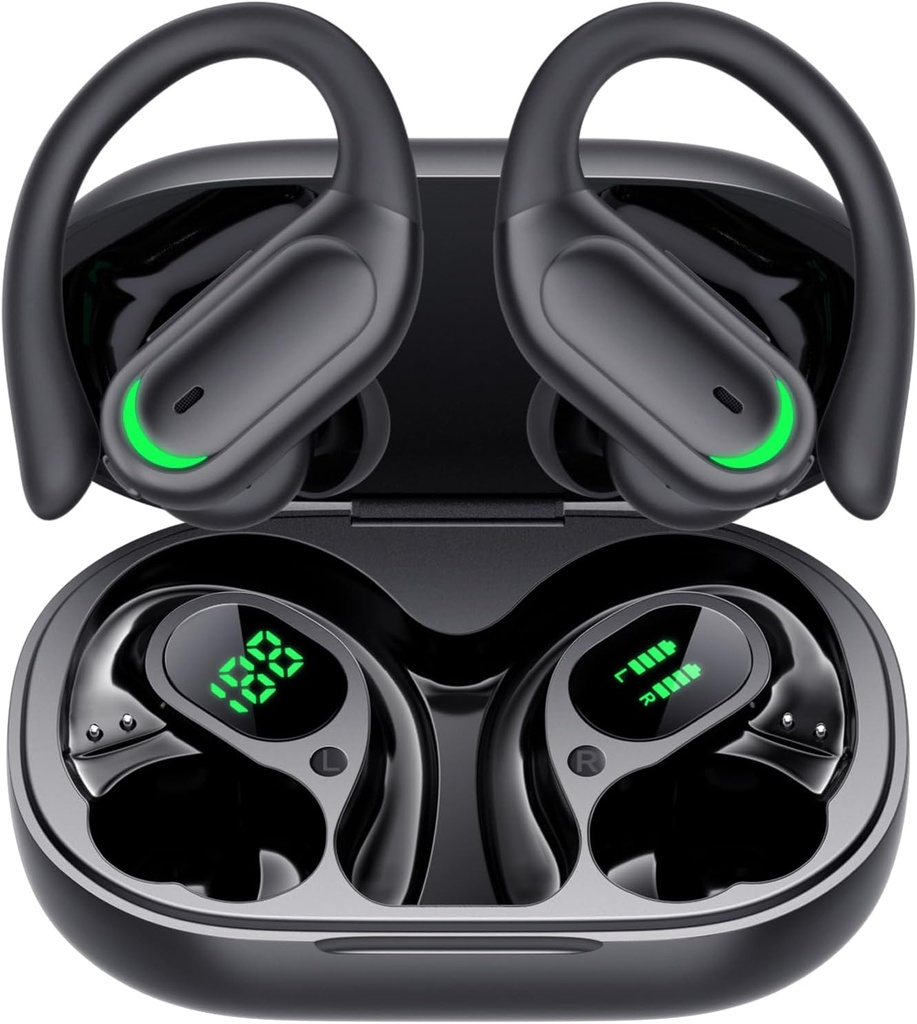 무선 이어폰 Bluetooth 5.4 헤드폰, 96hrs 재생, 무선 충전 케이스 LED 디스플레이, 귀 헤드폰, ENC 소음 차단, Hi-Fi 사운드, IP7 방수, 스포츠 운동 (Deep Black)