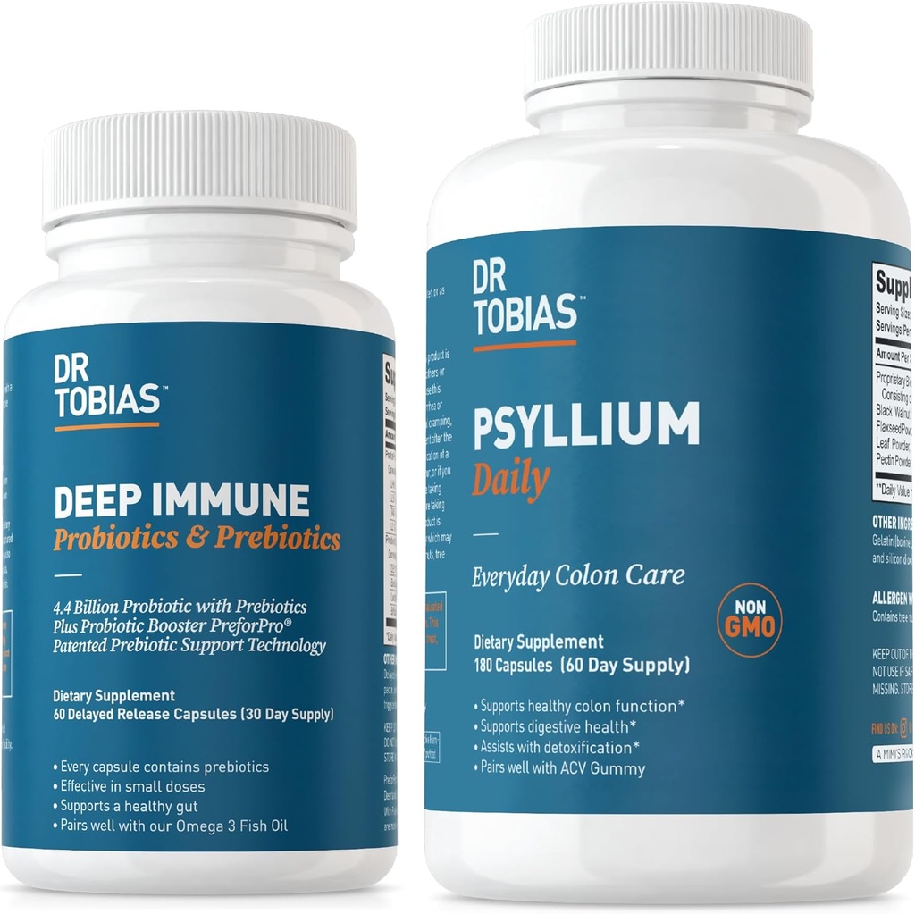 Tobias Deep Immune Probiotics & Prebiotics 및 Psyllium Daily 박사는 소화 건강, Gut Immune 기능, 4.4와 Colon Health의 지원에 매일 섬유 보충을 지원합니다. 억원
