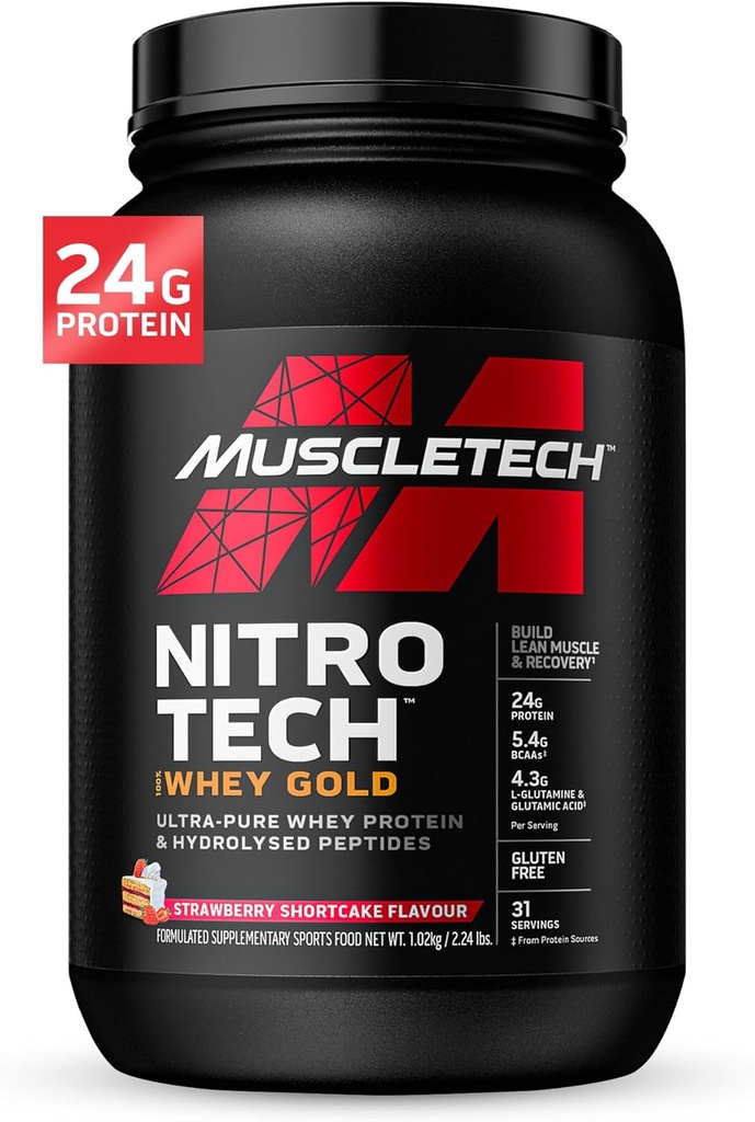 Whey Protein Powder, MuscleTech Nitro-Tech Whey Gold Protein Powder, Whey Protein Isolate Smoothie Mix, Women & Men, Strawberry Protein Powder, 2 lbs (28 Serv) - 포장 변화