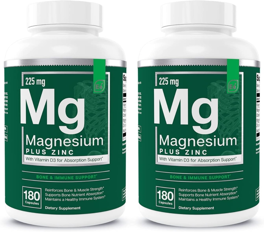 필수 요소 마그네슘 플러스 아연 비타민 D3 | 과학적으로 공식화 된 심장, 뼈 및 근육 지원 | 225mg Triple-Strength Magnesium Complex with Glycinate, Malate, Citrate | 360 Count