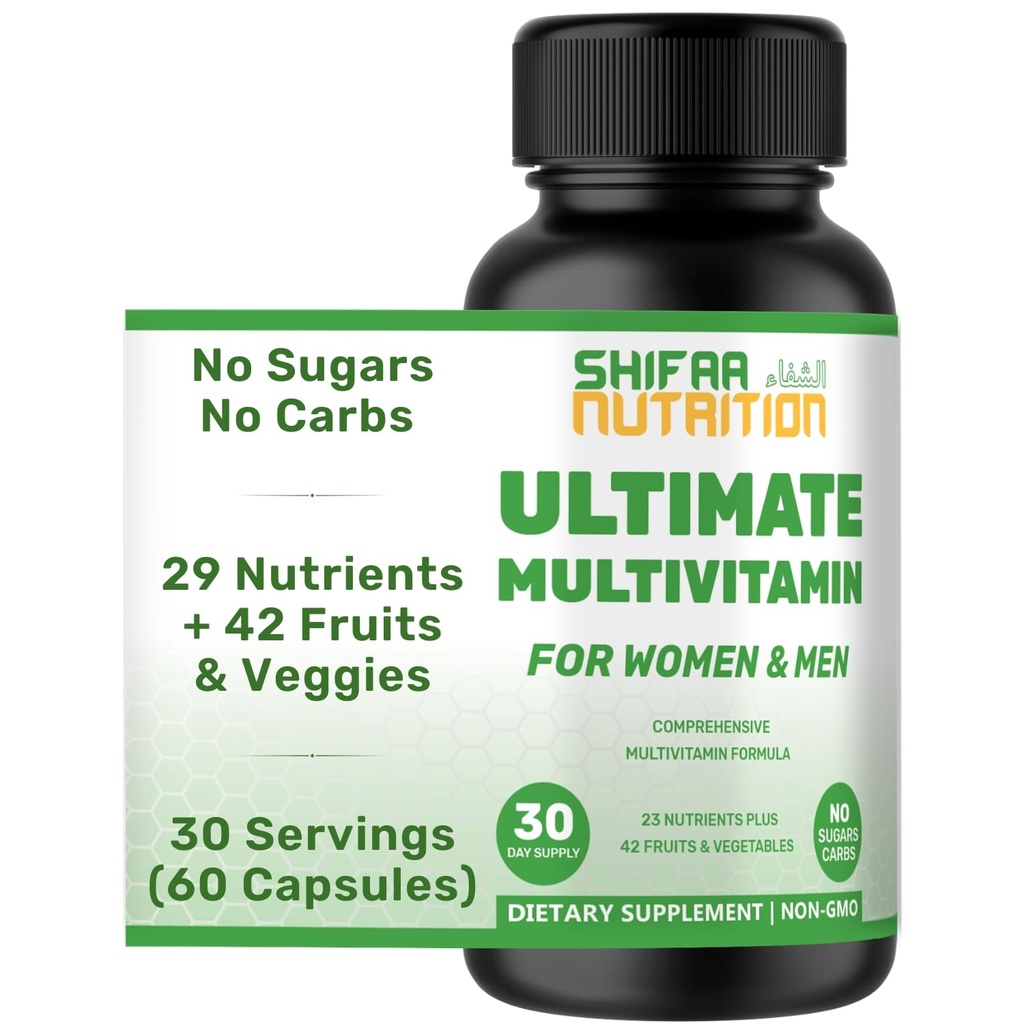 여성용 SHIFAA NUTRITION Halal Multivitamins, 남성 & 성인, 30 인분 | 철, 비타민 A, B6, B12, Biotin, Niacin, C, D3, E, 아연, 칼슘, Folic 산, CoQ10 | 할랄 비타민