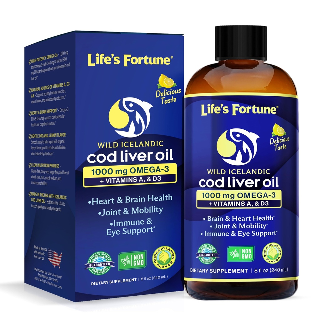 생명의 Fortune Cod Liver 오일 액체 유기 레몬 맛 (8 Oz) 1,000 mg 오메가 + 비타민 A, E & D3 - Immune 건강 지원 - 와일드 오션 코드 GMO 무료 100 % 생선 오일 보충