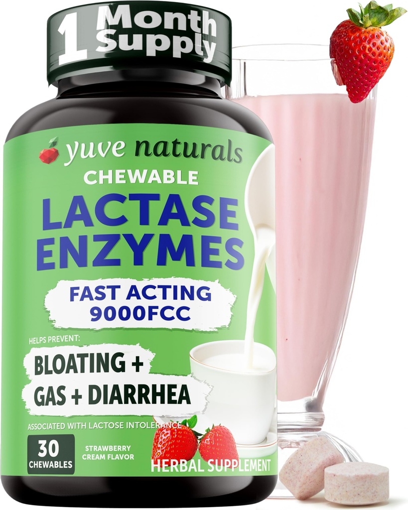 Yuve Natural Fast Acting Dairy Relief Delicious Chewable - Lactase Enzyme 9000 FCC - Lactose Intolerance의 Dairy Discomfort에 Goodbye를 말하십시오 - 딸기 크림 맛 - 30ct