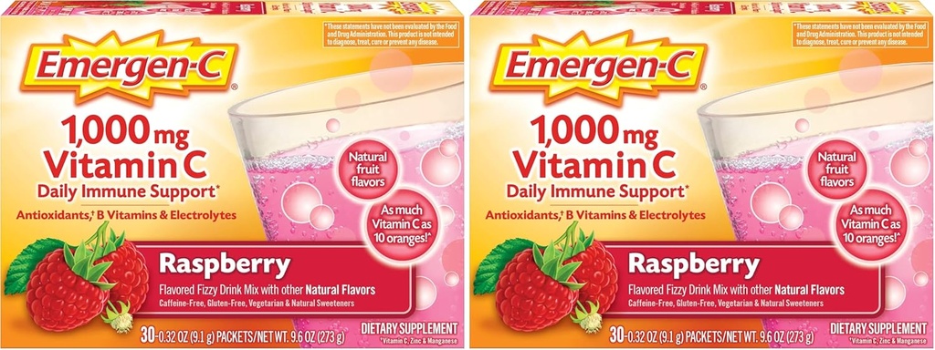 Emergen-C (30 조사, 라즈베리 맛, 1 개월 공급 Dietary Supplement Fizzy 음료 혼합 1000mg 비타민 C, 0.32 Ounce Packets, Caffeine 무료 (팩 2)