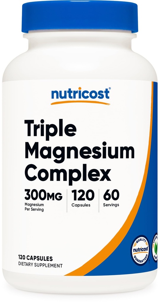 Nutricost Triple Magnesium Complex (300mg, 120 캡슐) - Di-Magnesium Malate, Bisglycinate 및 Citrate, 60 서빙