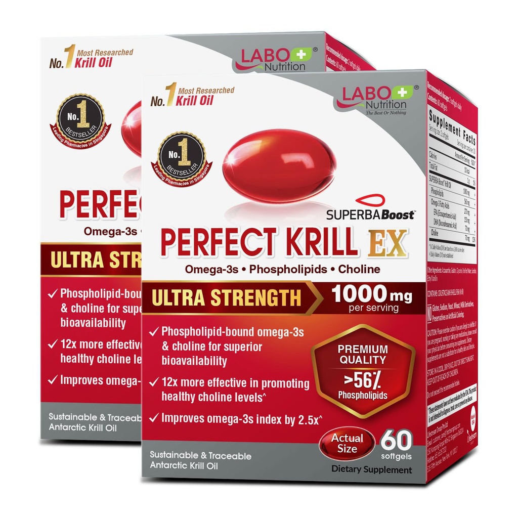 LABO 영양 완벽한 크릴 EX, 1000mg 남극 크릴 오일 오메가 3 EPA DHA, 최고 인 산 염 (56 % 이상) Choline, Astaxanthin | 심장 뇌 눈 관절 건강, 미국에서 만든, 60 softgelsX2
