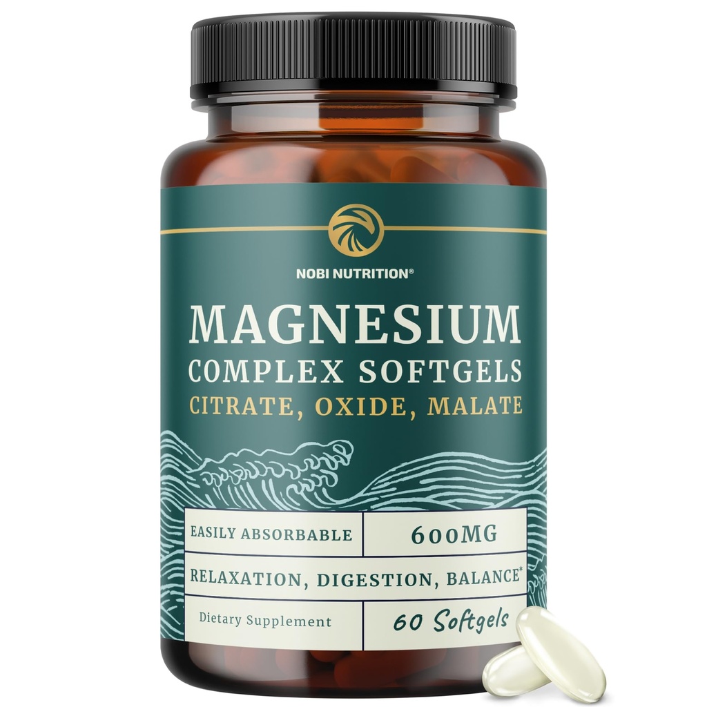 Triple Magnesium Softgels | 시트레이트, 말레이트, & 산화물 | 소화, 캘름, 다리 크림, & 수면 지원을위한 높은 흡수성 마그네슘 보충 | 300mg Complex | 삼키기 소프트 젤 | 60 Count