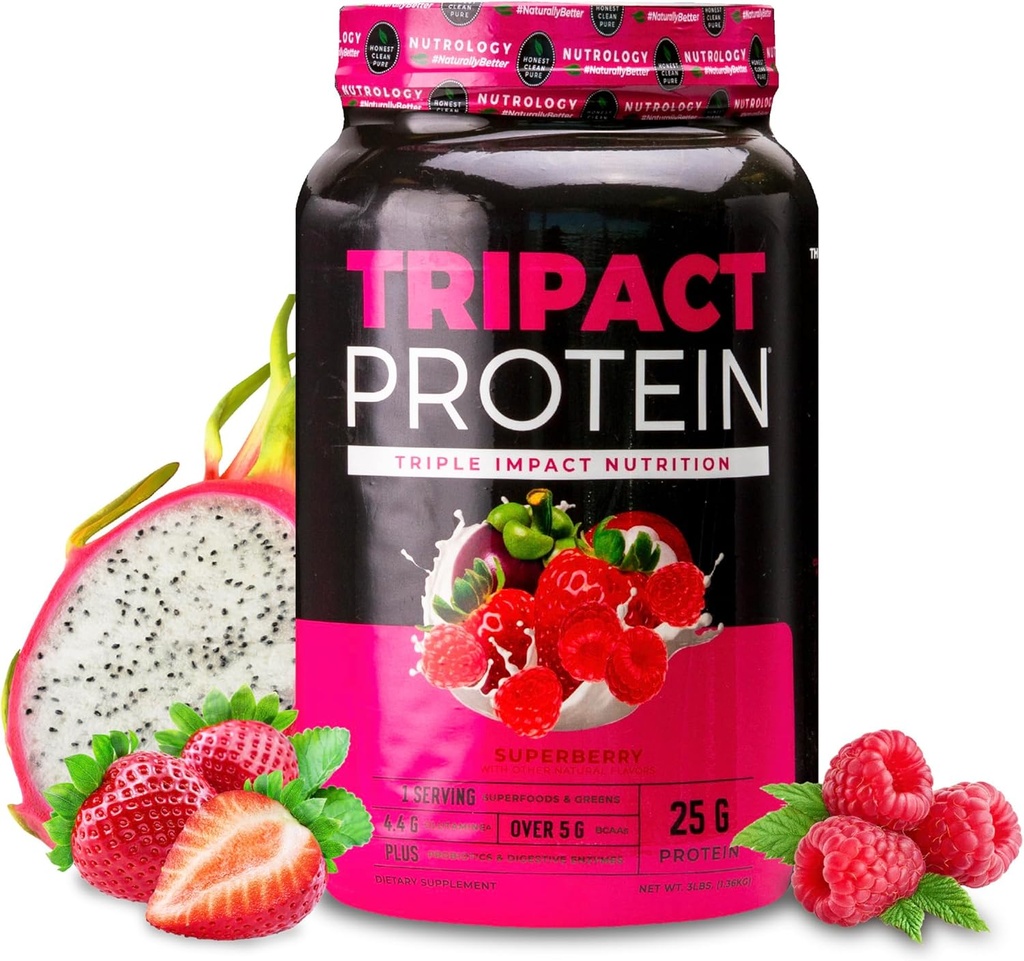 Nutrology TRIPACT Protein Powder - 7-in-1 식사 교체 Shake Grass Fed Whey Protein Powder, Pea, Rice, Muscle Recovery & Immunity, Superberry flavor, 40 서빙