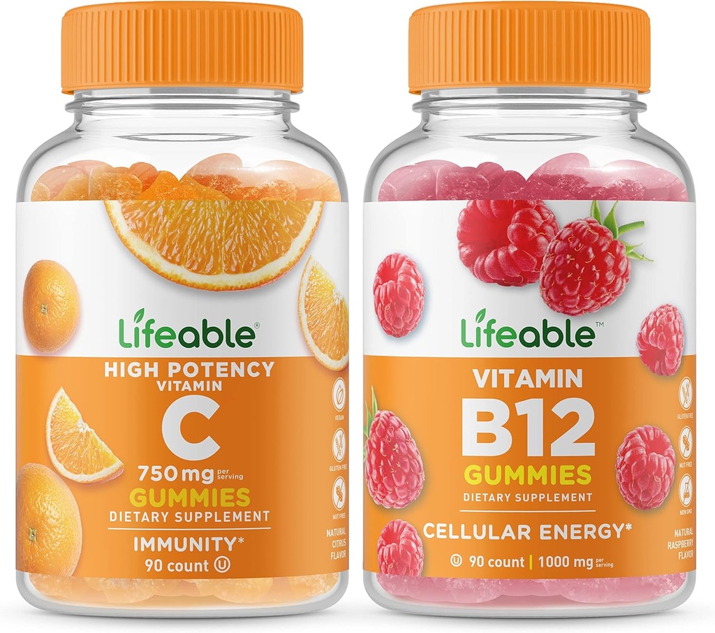 Lifeable 비타민 C 750mg + 비타민 B12, Gummies 번들 - 훌륭한 타스팅, 비타민 보충, 글루텐 무료, GMO 무료, Chewable Gummy