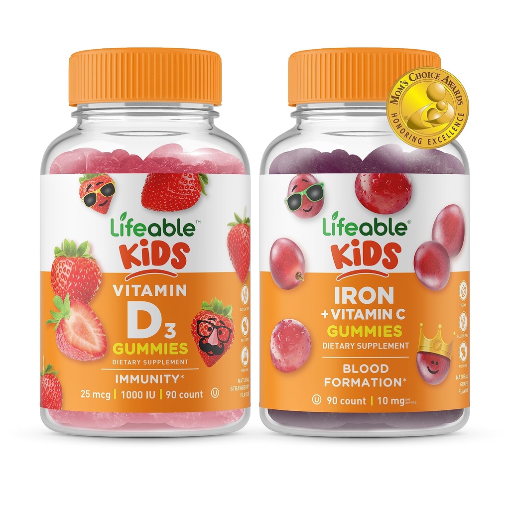 Lifeable Vitamin D Kids + Iron & Vitamin C Kids, Gummies Bundle - 훌륭한 타스팅, 비타민 보충, 글루텐 무료, GMO 무료, Chewable Gummy