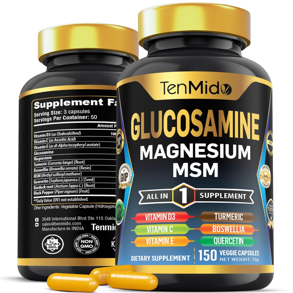 남성과 여성을 위한 글루코사민 MSM 보충교재 - 11in1 공식 - 마그네슘, 심황, Boswellia, Quercetin, Burdock 뿌리 및 더 많은 것에 결합하십시오| 합동 & 기동성 지원 - 150의 캡슐
