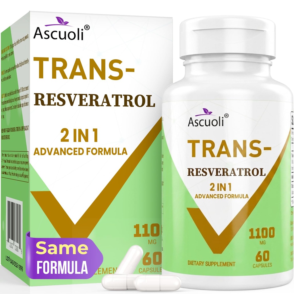 99% 매우 순수성 Trans-Resveratrol 1100mg, 3-in-1 진보된 공식 유기 Resveratrol 보충교재, 최대 산화 방지제, 노화 방지, 피부 건강, 세포 수선, Boost NAD+, 면역 & 에너지, 60의 모자