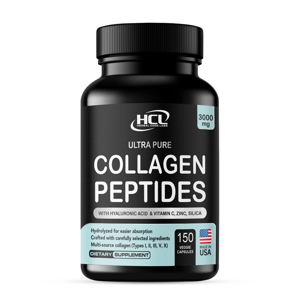 HCL HERBAL CODE LABS 교원질 펩티드 분말 비타민 C & Hyaluronic 산 - 가장 청결한 근원 & 최고 높은 흡수 - 가수분해된 다 유형 I, II, III, V, X - 피부 머리 보충교재 (캡슐)