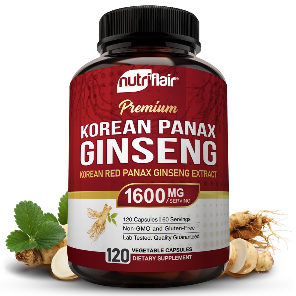 NutriFlair Korean Red Panax Ginseng 1600mg - 120 Vegan 캡슐 | 5% Ginsenoside | 비 GMO, 글루텐 프리 | 천연 에너지 및 초점 지원 | 미국