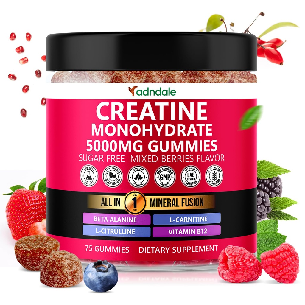 남자 & 여자를 위한 Adndale 크레아틴 Monohydrate Gummies, 베타 알라닌, L-Citrulline & B12 - 75 Vegan Gummies를 가진 서빙 Creatine 보충교재 당 5000mg. 설탕 무료