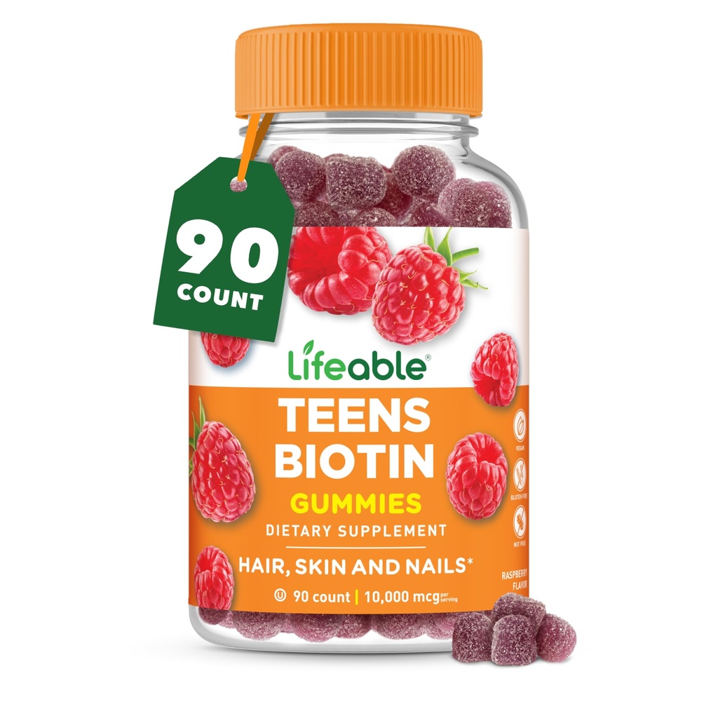 Lifeable Teens Biotin 10000mcg Gummies | 비타민 B7 | Vegan Biotin 보충교재 | 머리 성장, 건강한 피부 및 못을 위한 중대한 Tasting Biotin Gummies | 약용 비타민 | 90의 Gummies