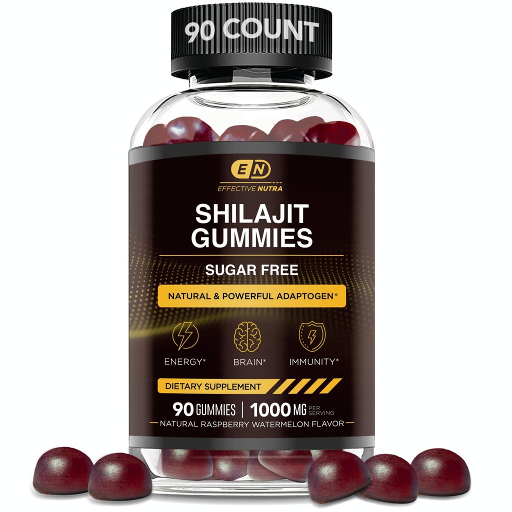 EFFECTIVE NUTRA Shilajit Gummies 1000mg | 에너지, 두뇌 및 면역성에 대한 순수한 Shilajit 수지 | 남성 및 여성용 보충교재 | 슈페리어 프리, 비건, 글루텐 프리 | 미국산 천연 베리 맛