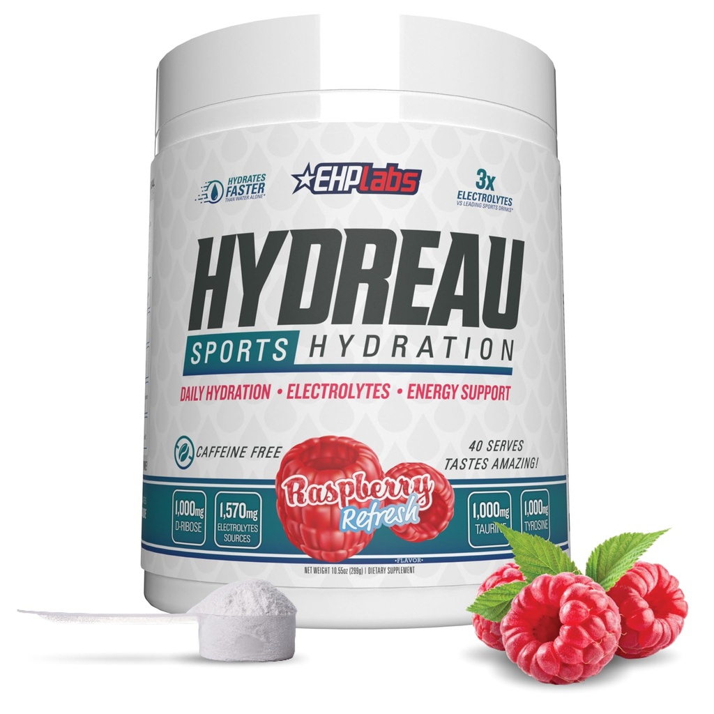 EHP Labs Hydreau Electrolytes Powder No Sugar - Endurance & Energy 용 하이드로 션 파우더 - 남성 및 여성용 전자 분말 - Sugar Free Electrolytes - Raspberry 새로 고침 (40 Serves)